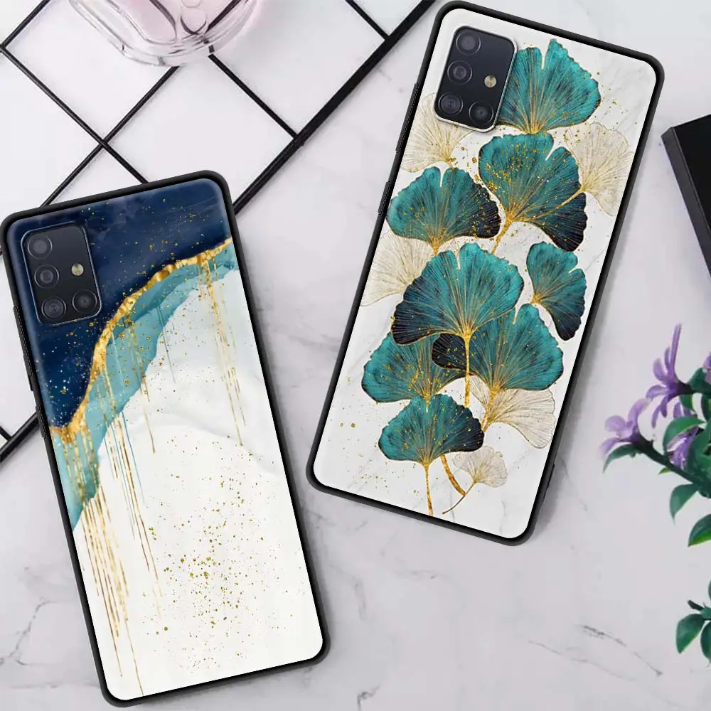 Gingko Flower Case For Samsung Galaxy A51 A71 A21s M31 A31 A91 A41 A42 A21 M51 M30s S21 S20 FE Gold Foil Art Black Phone Coque