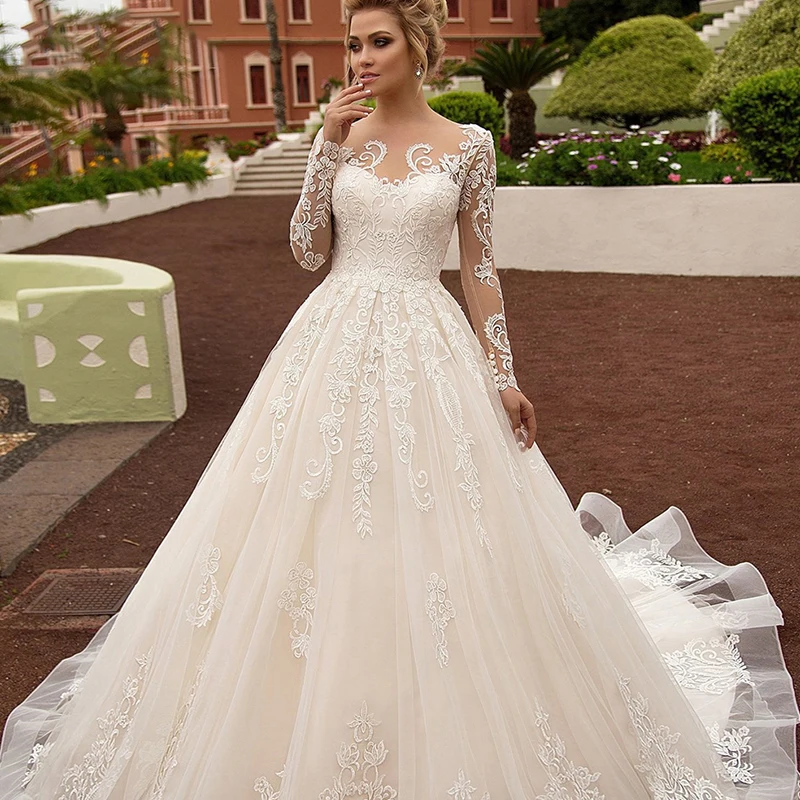 

Pink Wedding Dress Embroidered Lace O-neck Ball Gowns Full Sleeve With Appliques Sashes Vestido De Noiva Plus Size Button
