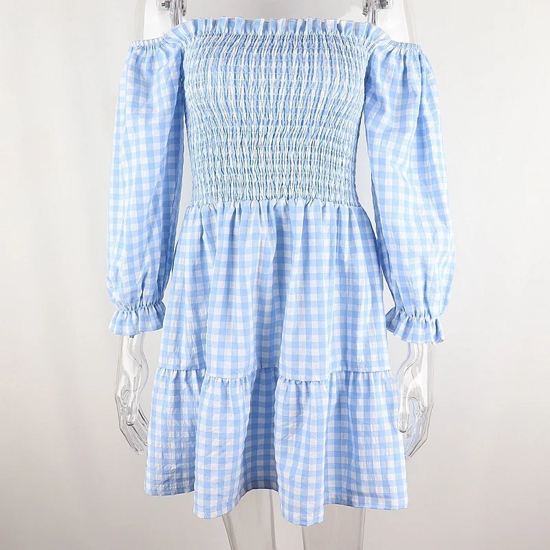 

2021 Summer Women Ruffles Blue White Plaid Elegant Slash Neck Dress Female Sweet Backless Floral Korean Style Club Mini Dresses