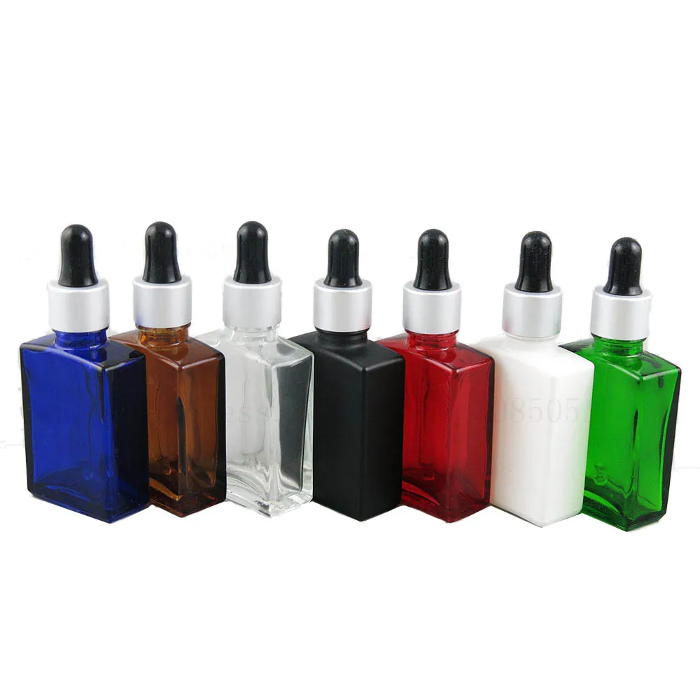 30ml 1 oz Flat Square Amber Clear White Black Blue Glass Bottle e liquid Perfume Dropper Essential Oil Bottles 20pcs
