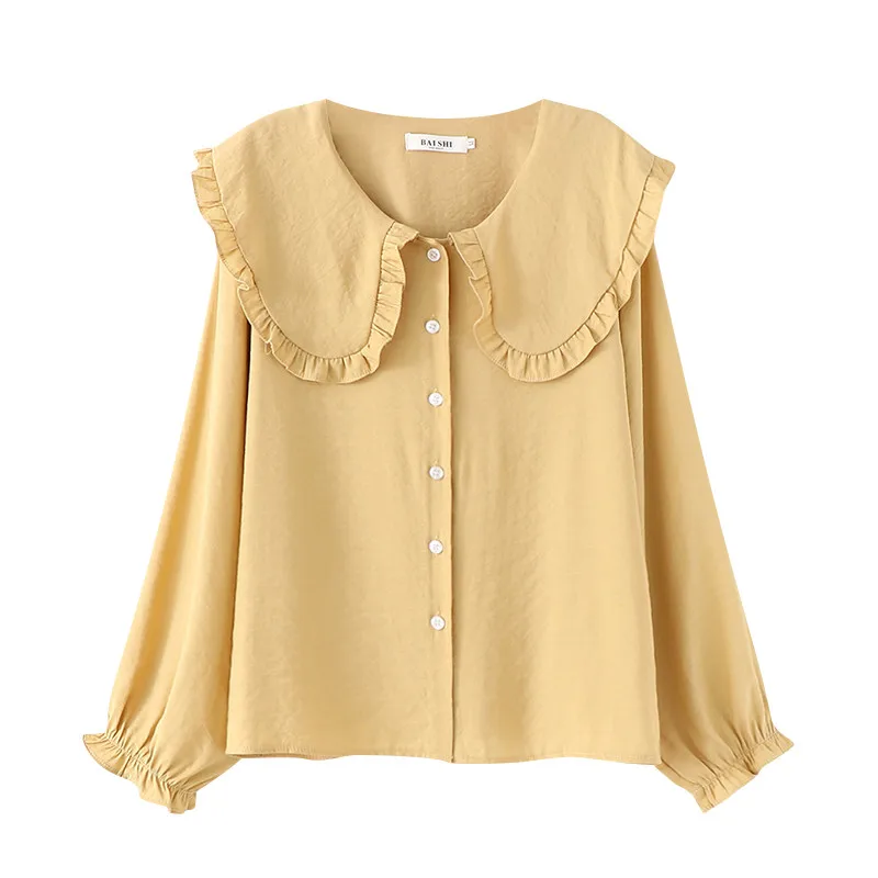 

Spring Women Fashion Peter Pan Collar Shirts Lolita Chic Sweet Ruffle Blouse Girl Long Sleeve Cotton Tops