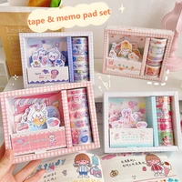 10pcsset kawaii masking tape with memo pads cartoon stationery stickers bunny bear school supplies diy scrapbook planner decor