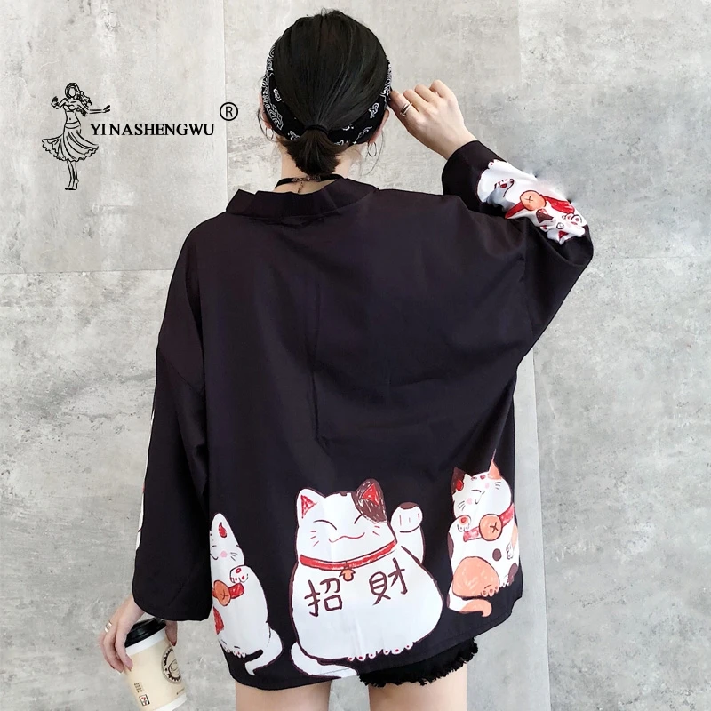 Japan Kimono Lucky Cat Printed Cardigan Cosplay Female Loose Dragon Tops Casual Coat Yukata Women Asian Clothing New | Тематическая