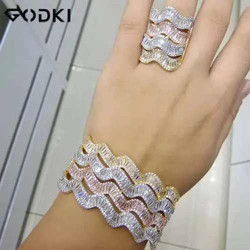 3 Tone GODKI, роскошный набор женских колец из Саудовской Аравии с микро кубическим цирконием, вечерние, свадебные комплекты ювелирных изделий из Саудовской Аравии, Дубай - Окраска металла: 3 Tone