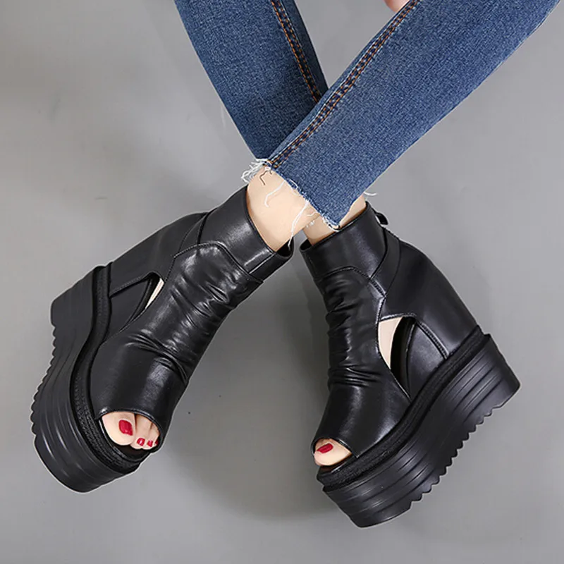 

14cm spring and summer slope with high-heeled sponge cake fish mouth sandals waterproof platform Roman hollow platform