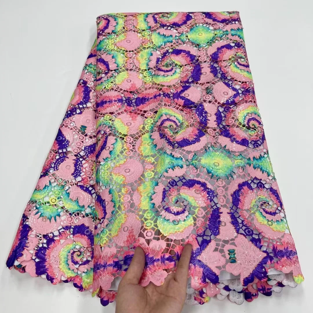 

(5yards/pc) Colorful pink prints African guipure lace soft cord lace fabric with sequins embroidery for party dress WJY015
