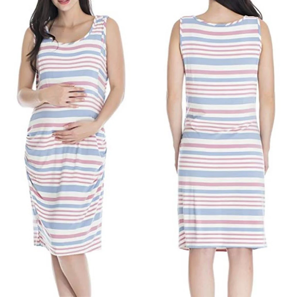 

Summer Nursing Breastfeeding Dress Pregnancy Clothes Striped Tank Dress O Neck Knee-Length Casual Vest Dress Maternity Dresses