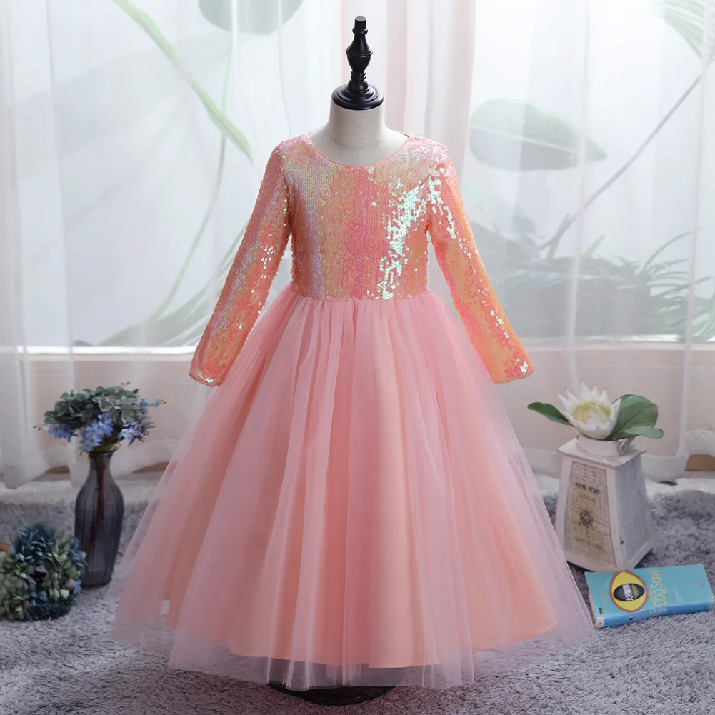 

New Fashion Patchwork Kids Communion Ball Gown Children Formal Wear Long Sleeve Sequin Pageant Dress Child Girls Wedding Dress