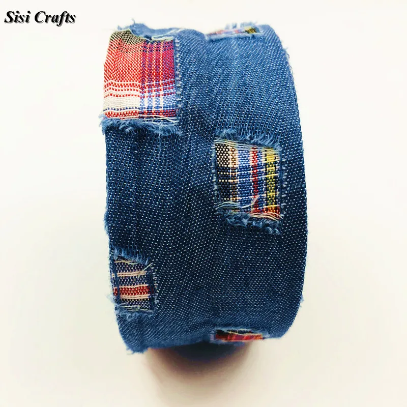 Sisi Crafts Tape Blue Denim Jeans Ribbon Hollow Shapes Ripped Plaid Riband Bias Trim Layering DIY Hair Bow Tie Collar Materia 1M | Дом и сад