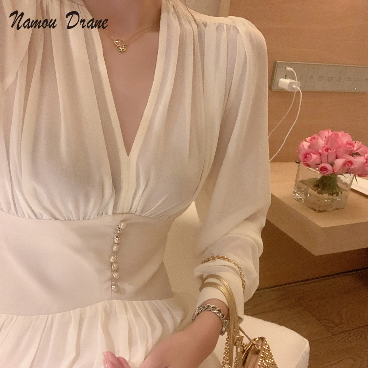 

Elegant Dress Women Solid Long Sleeve Fairy Party Dress Office Lady Sexy V-Neck Loose Midi Dress 2021 Spring Clothing Female