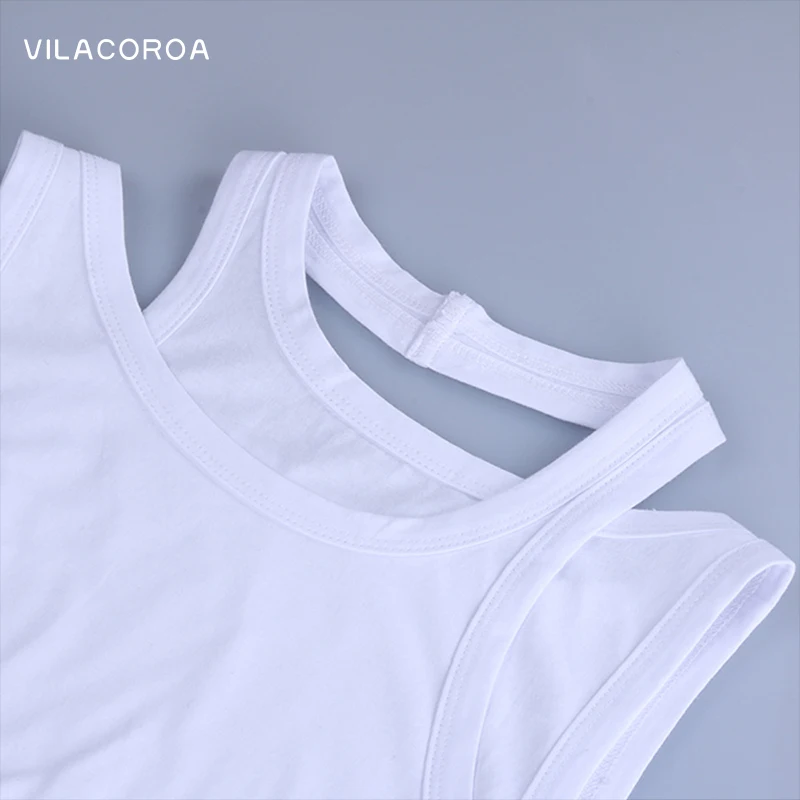 

Cotton White Base Tank Top Women Fake Two-Piece Double Shoulder Hanging Neck Hollow Casual Tops Sleeveless Solid Top Vest Female