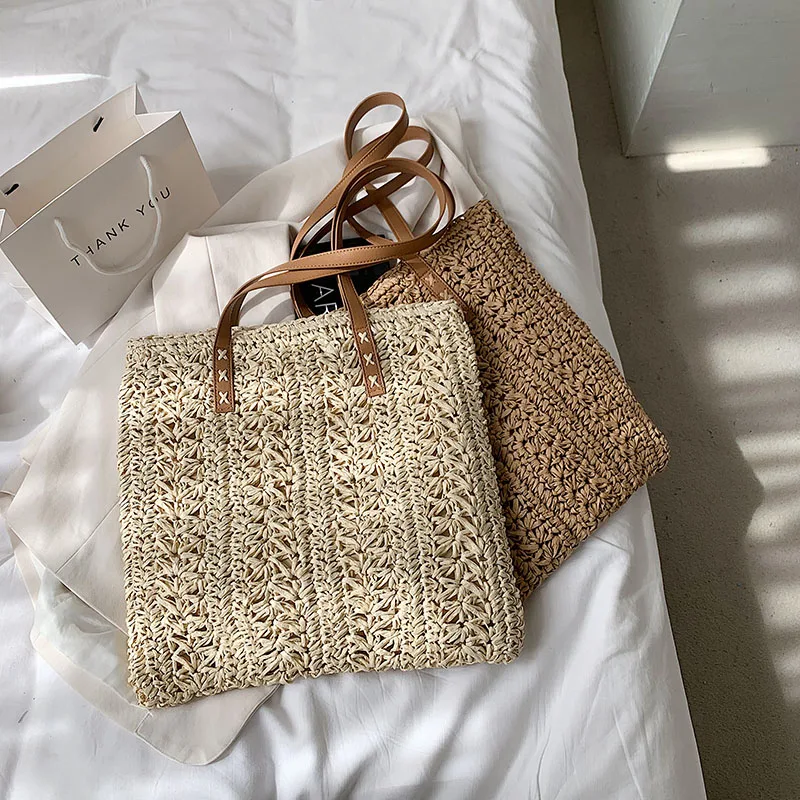 

High Capacity Large Summer Beach Straw Bags 2021 Simple Luxury Brand Fashion Travel Ladies Shoulder Handbags And Purses