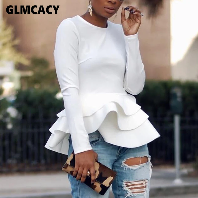 Женская каскадная блузка с рюшами длинным рукавом и круглым вырезом элегантная