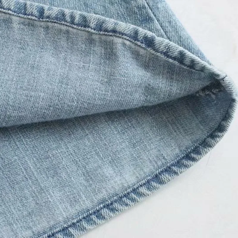 Женская Джинсовая блузка с оборками NSZ синяя пышными рукавами и v образным