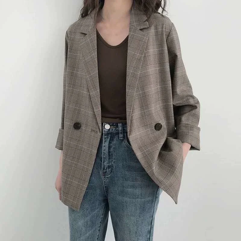 

Блейзер Женский в клетку, Повседневная Свободная короткая куртка в Корейском стиле ретро, в британском стиле, качественная офисная верхняя ...