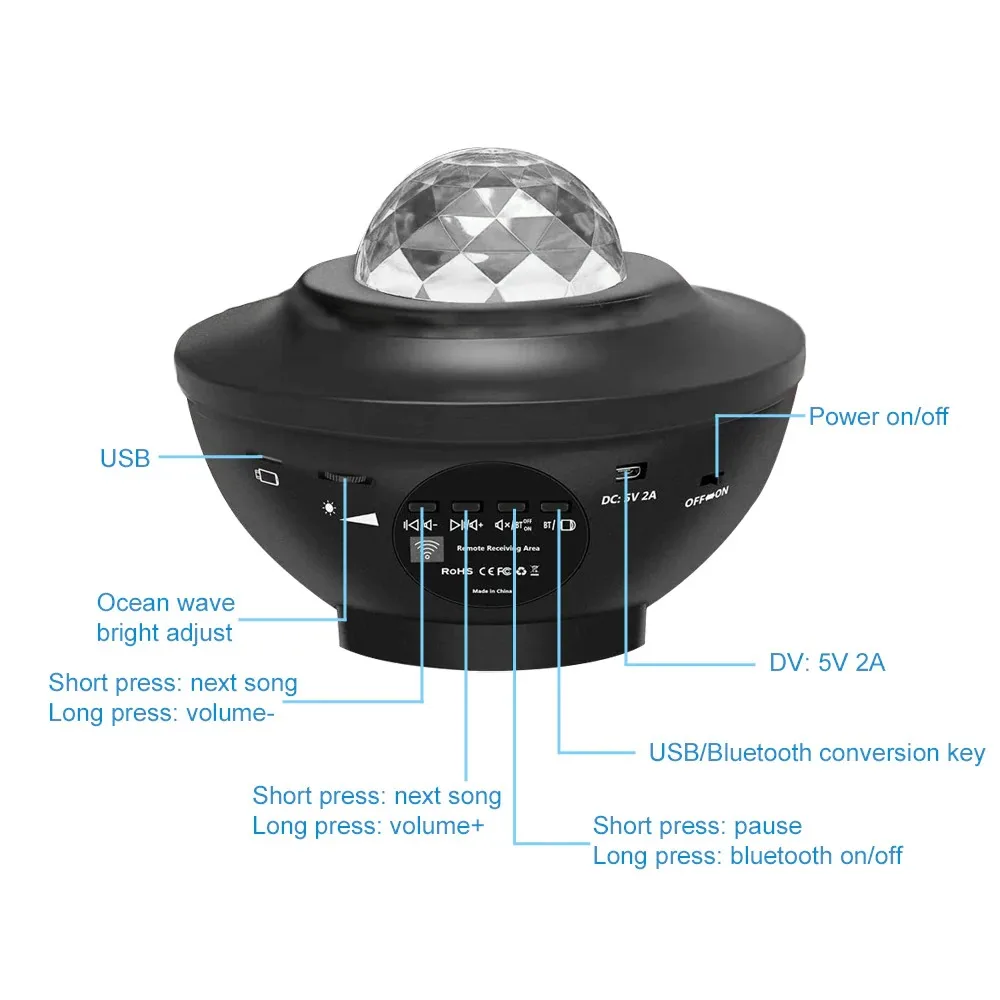 

LED Galaxy Starry Projector Lamp Ocean Wave LED Night Light Music Player Remote Star Rotating Night Light Romantic Bedroom Lamp