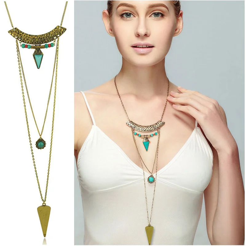 

Necklace Western Style Multi-layered Color Necklace Alloy Turquoise Wood Long Necklace