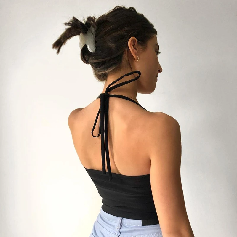 

2021 New Summer Hanging Neck Camisole Ladies Solid Color Ruched Decoration Sleeveless Midriff-baring Crop Top Black/White