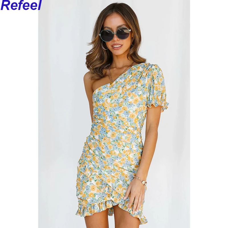

Fashion Women Sexy Oblique Shoulder Floral Print Mini Dress Female Sweet Ruffle Draped Holiday Party Dress Summer Robe