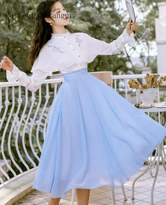 

2021 Spring New Arrival Retro Fake Two Pieces Stand Collar Cape Style Flower Embroidery Long Sleeve Women Chiffon Long Dress