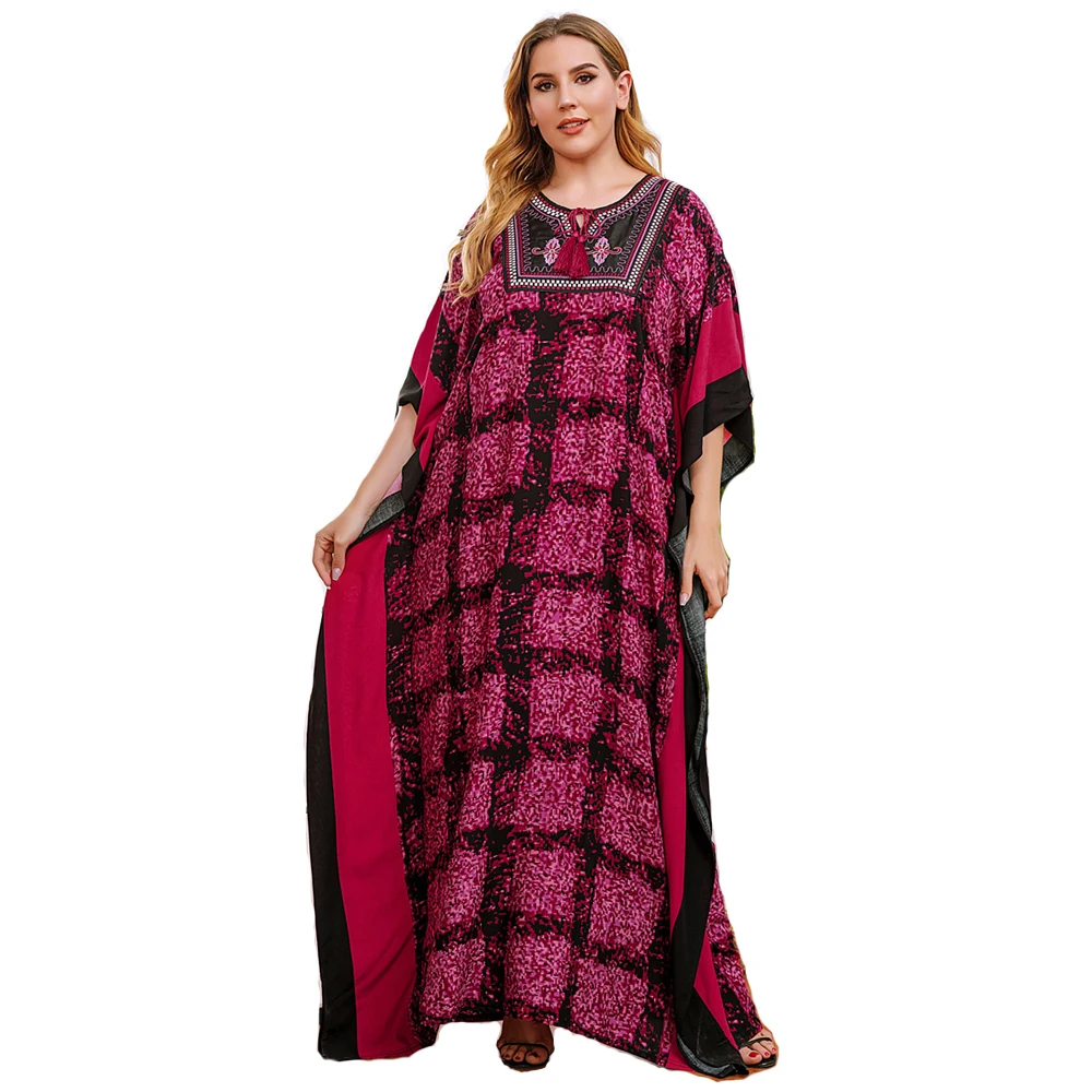 

Special Plus Size Extra Loose Maxi Dress Women Plaid Line Red Long Robe Fat European Clothes Embroidered Summer Moroccan Caftan