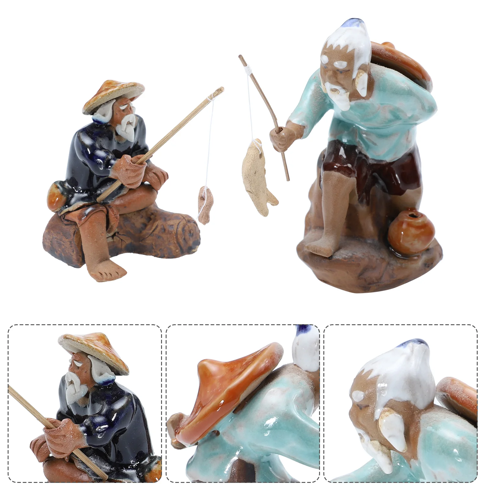 

2pcs Decorative Fisherman Model Ceramic Miniature Fisherman Aquarium Landscape Decor