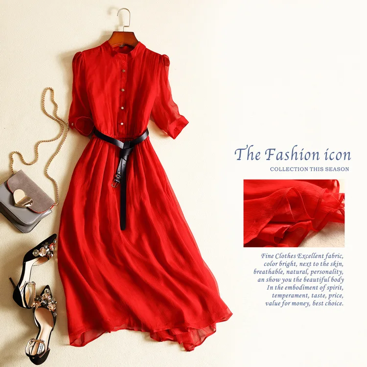 

High quality new women's silk dress delivery belt round neck medium sleeve silk dress