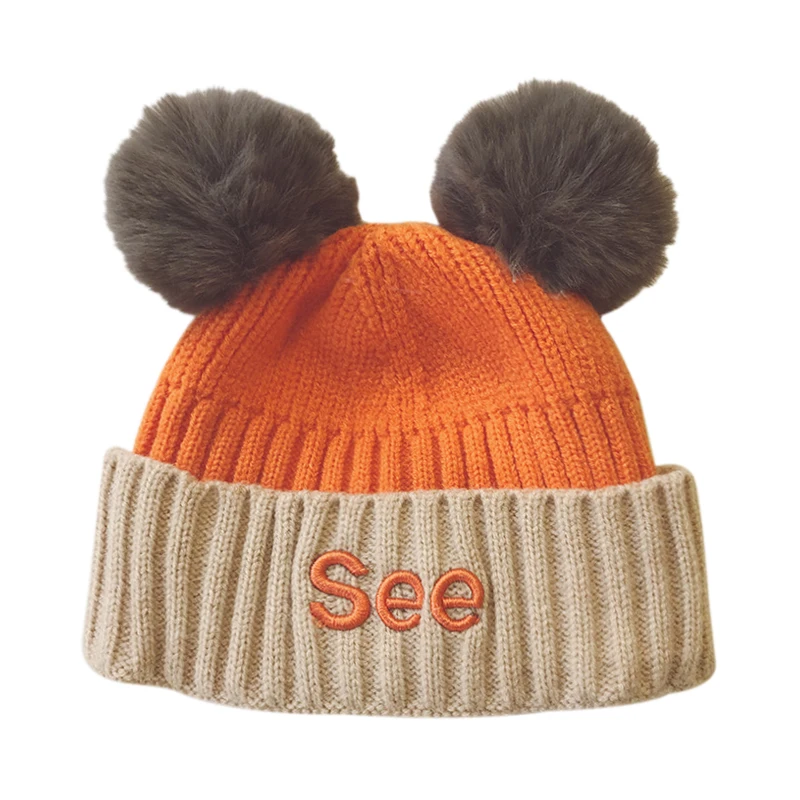 

Cute Warm Kids Girls Boys Baby Plush Ball Design Patchwork Color Hats Knitted Hemming Caps Winter