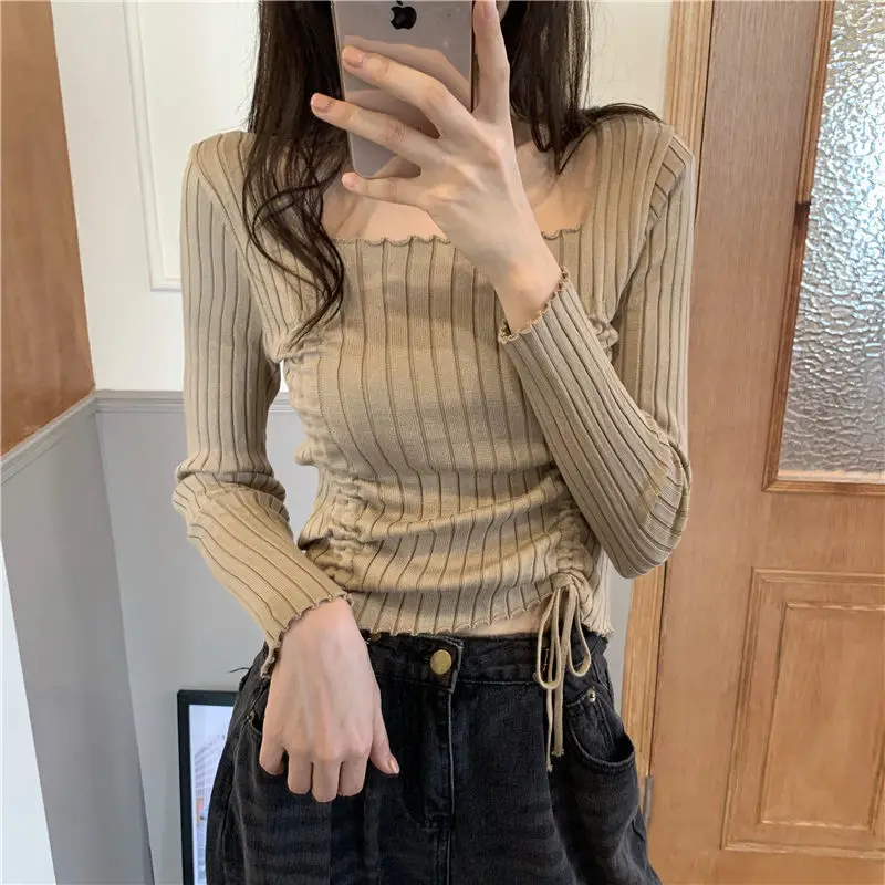 

Solid Ribbed Jumpers Korean Cropped Striped Sweater Pullover Blouse Knitted Long Sleeve Sueter Mujer Square Collar Fashion Tops