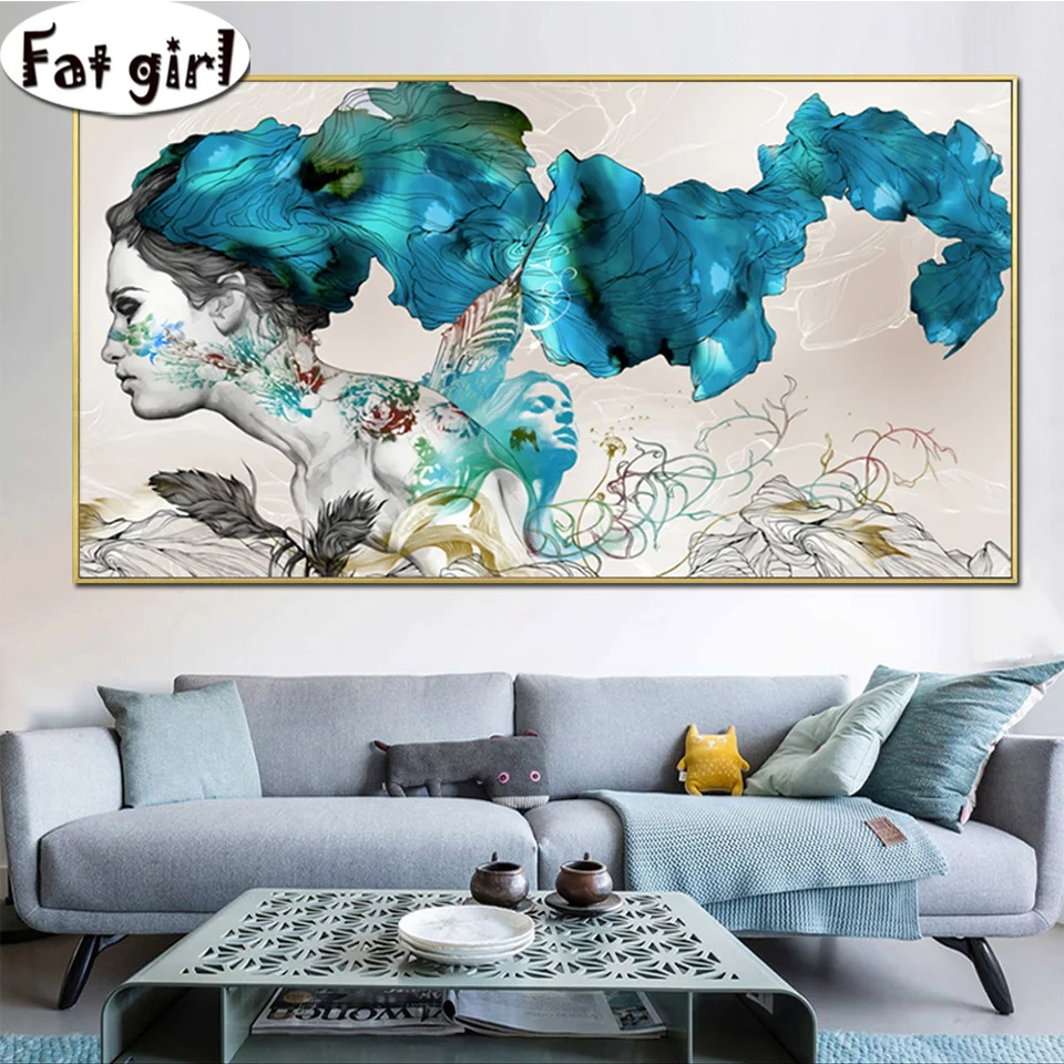 

large size Diamond Painting Fantasy Long Blue Hair Tattoo Girl Mosaic 5D Embroidery Art Full Drill square Round Rhinestone decor