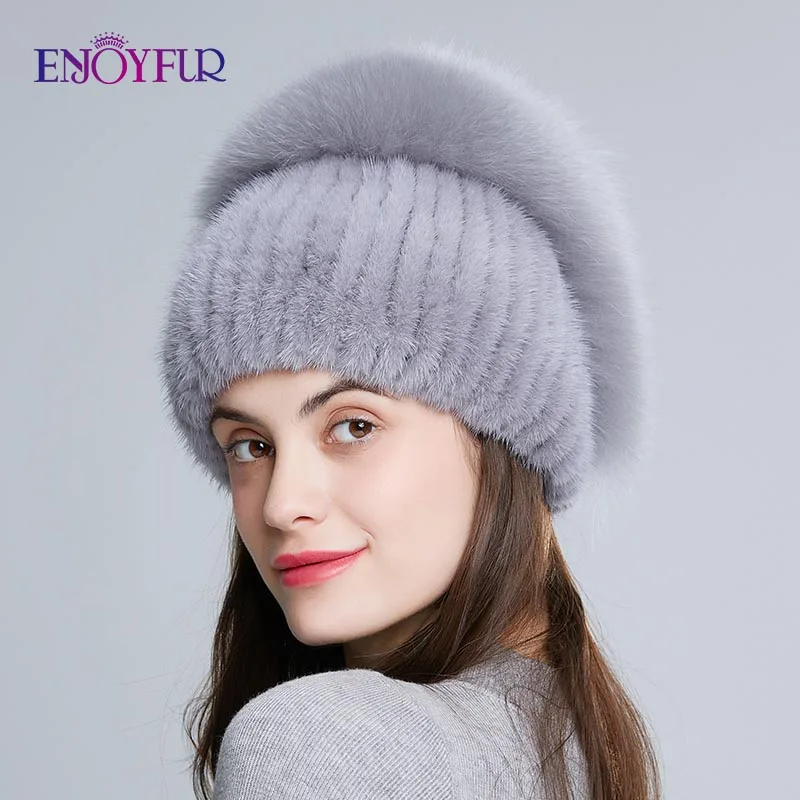 ENJOYFUR шапки из натурального меха норки для женщин шапки из натурального меха лисы высококачественные вязаные меховые шапки толстые теплые шапочки с розой и камнями - Цвет: 06