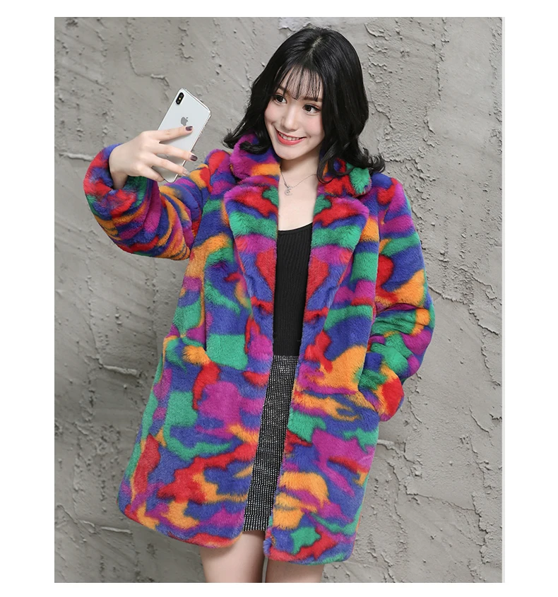 Nerazzurri multi color fluffy faux fur coat notch lapel long sleeve colorful warm soft plus size winter women faux fur jacket