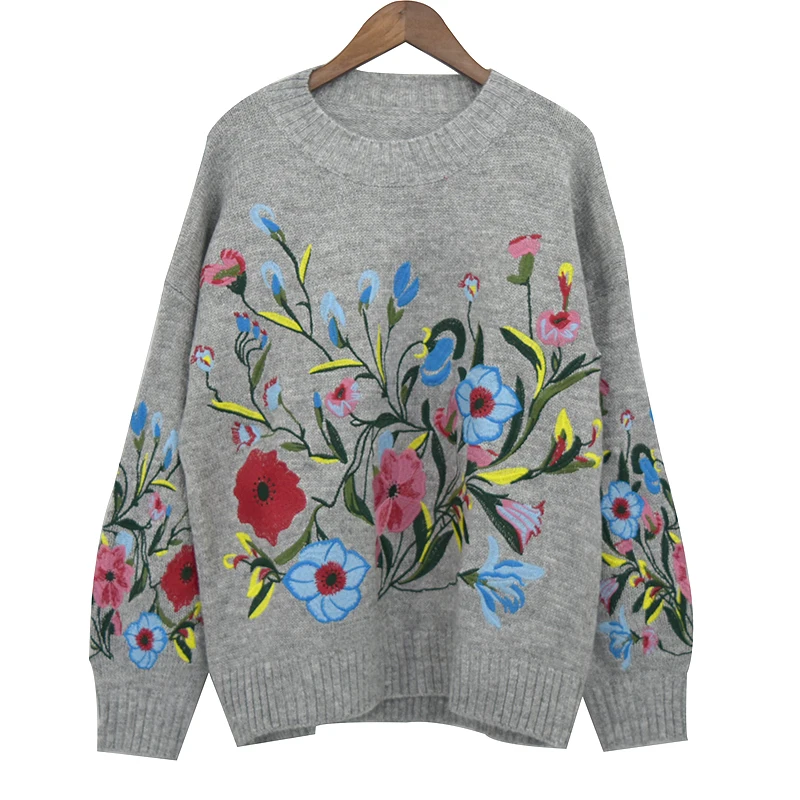 [GUTU] 2017 Korean Autumn winter fashion new solid color round collar full sleeve loose embroidered sweater women V74702 | Женская