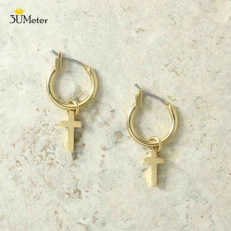 

2021 New Design Gold Color Small Hanging Cross Hoop Earrings for Women Simple Ear Piercing Huggie Earring Bohemia Bijoux Brincos