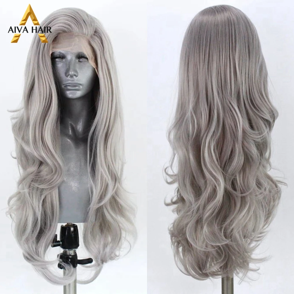 Aiva длинный серый парик без клея синтетический фронта шнурка жаростойкий Средний