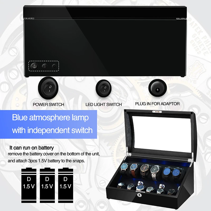 Watch Winder Shaker Box Case Storage Display Automatic Wooden Three Motors 12 Slots Watch Winder Rotation Organizer Holder Piano