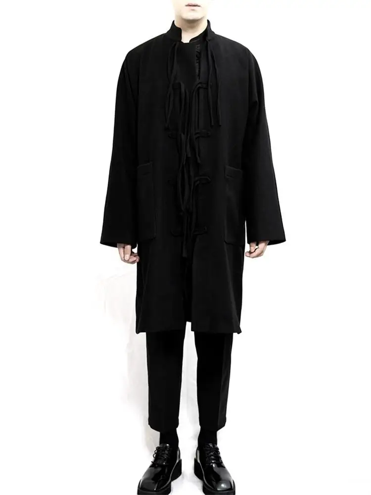 Пальто мужское весенне-осеннее черное приталенное с воротником-стойкой и