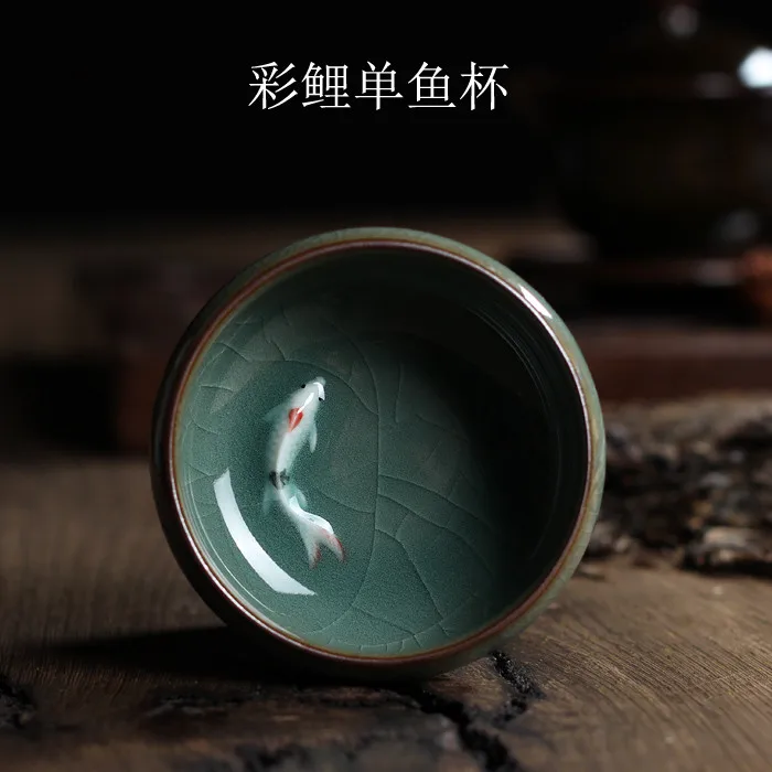 Китайская фарфоровая чаша Longquan Celadon с блюдцем чайная золотой рыбой 60 мл чашка