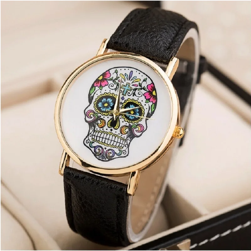 

Top Skull Women Watch Mexican Catrina Flowers Cross Pu Leather wristwatch Girl Vintage Fashion casual geneva style Reloj