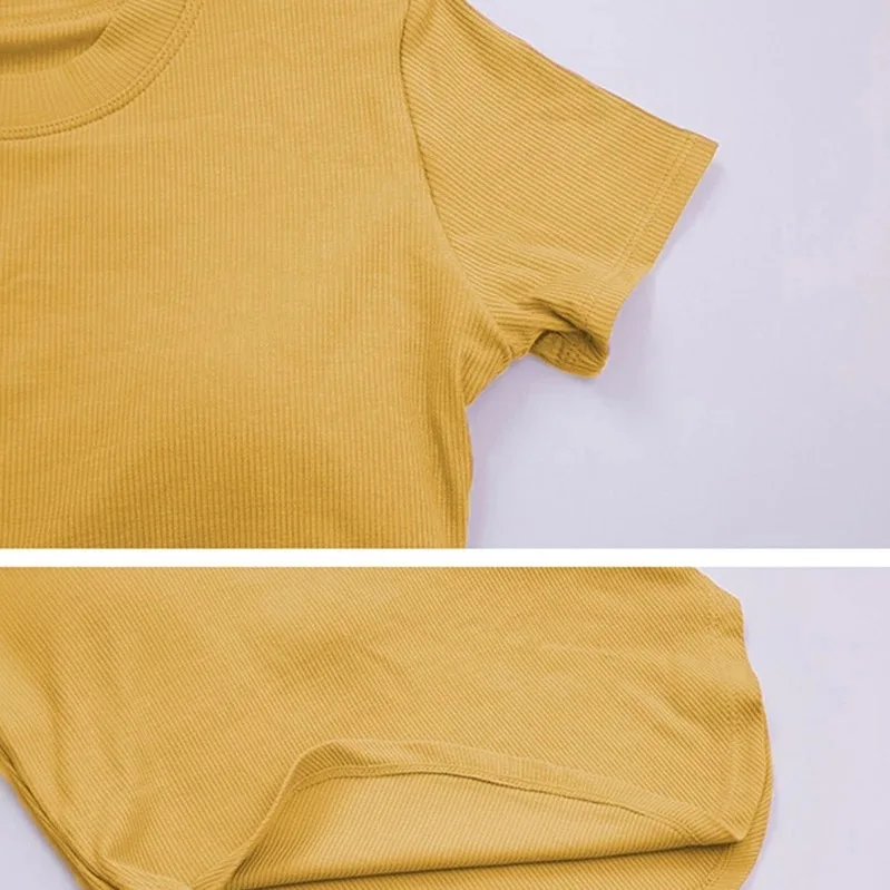 

2021 Fashion Knitted Women T-Shirt Casual Slim O-Neck Short Sleeve Asymmetric Gym Running Y2k Tees Top 121032WTA