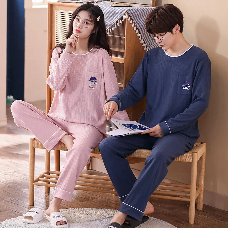 Новые осенне-зимние хлопковые Пижамные комплекты для пар с длинным рукавом в