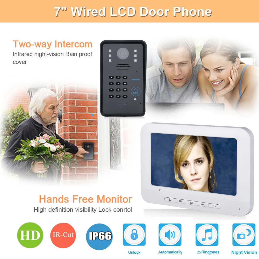 Видеодомофон с 7-дюймовым ЖК-дисплеем RFID-паролем ИК-камерой 1000 | Безопасность и