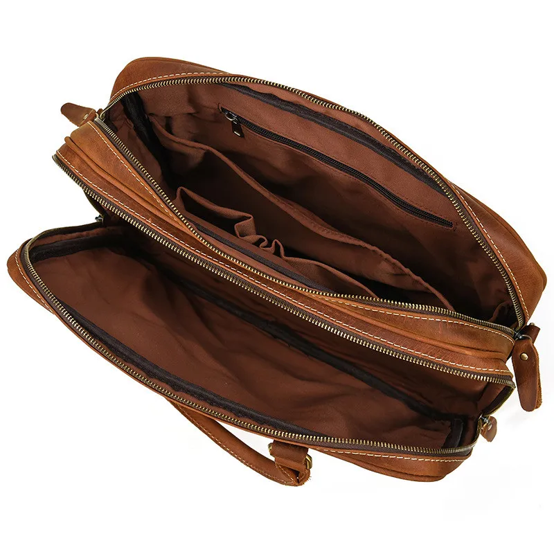 Vintage natural crazy horse cowhide men briefcase double compartment 2 zipper laptop handbag work genuine leather messenger bag