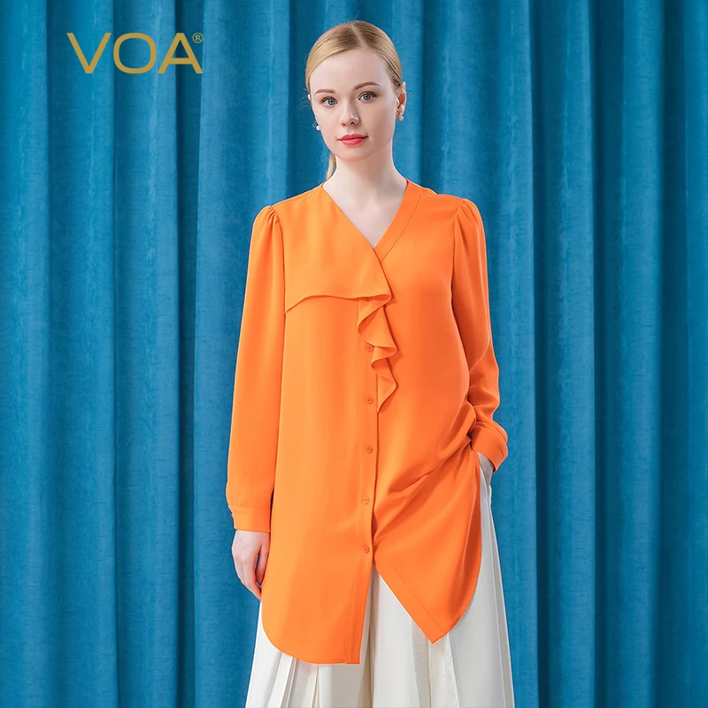 

Черная шелковая Асимметричная рубашка VOA Heavy 30 в момме с длинным рукавом и асимметричным воротником в форме листьев лотоса BE360