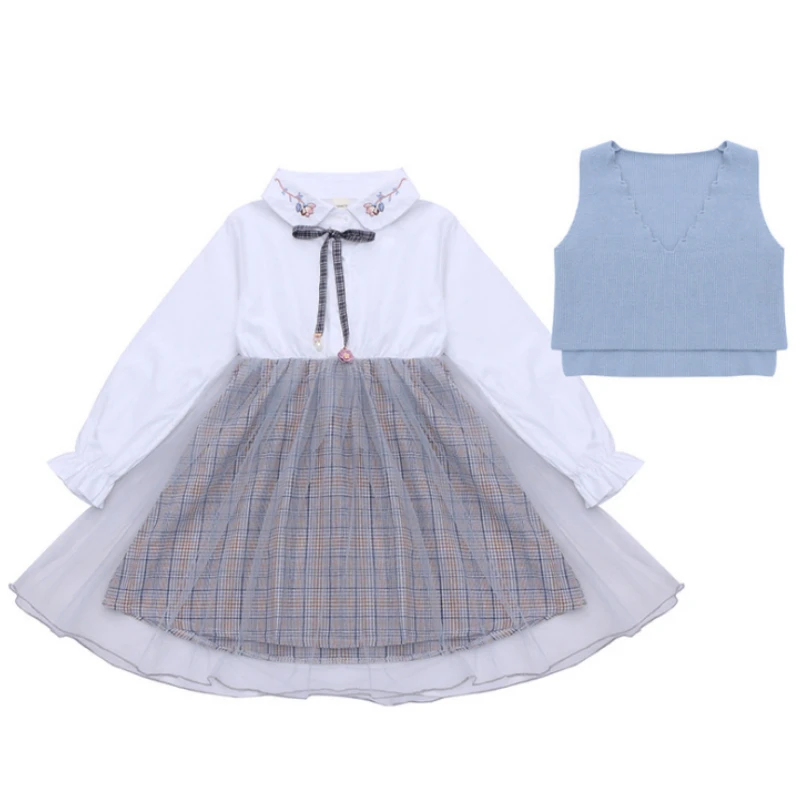 

Little Girl Princess Skirt Spring and Autumn Dress Sweater Vest Plaid Mesh Gown Dress Fashion Western Style Two-piece Suit