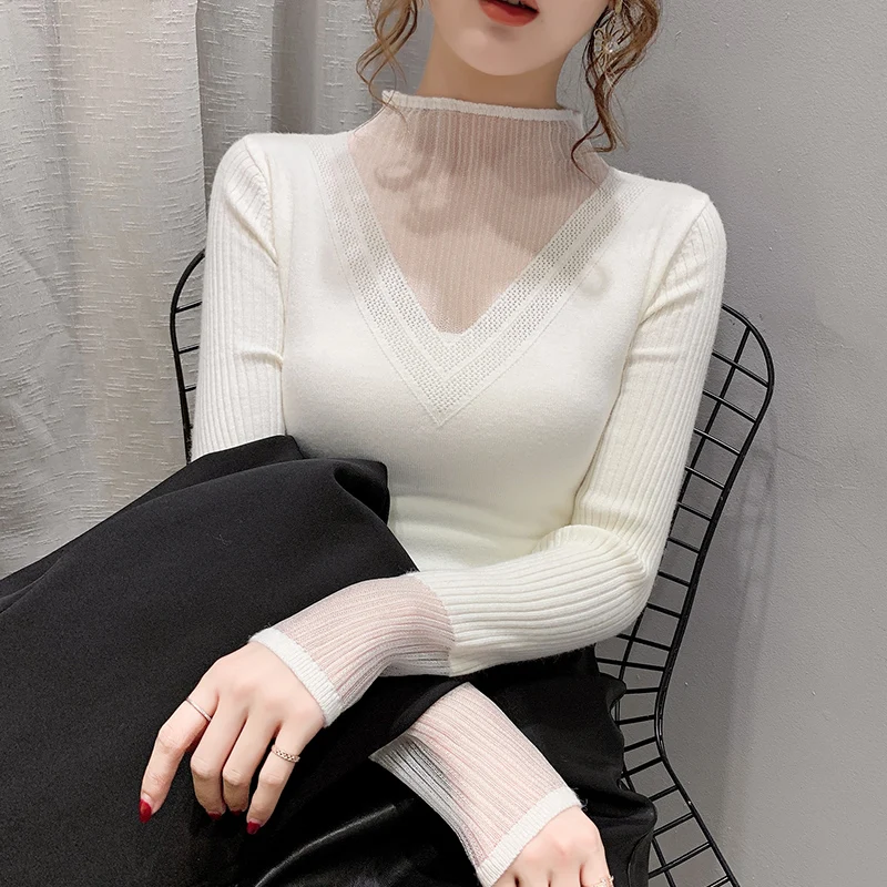 

Women Turtleneck Splicing See Through Knitted Fall Winter Sexy Lady Elegant Show Thin Top Sweaters Long Sleeve Pullover Blouse