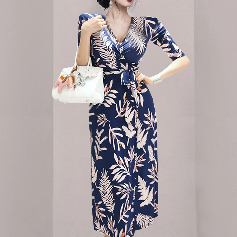 

Женское пляжное платье макси, с цветочным принтом, рукавом три четверти, V-образным вырезом, элегантное праздничное платье на шнуровке