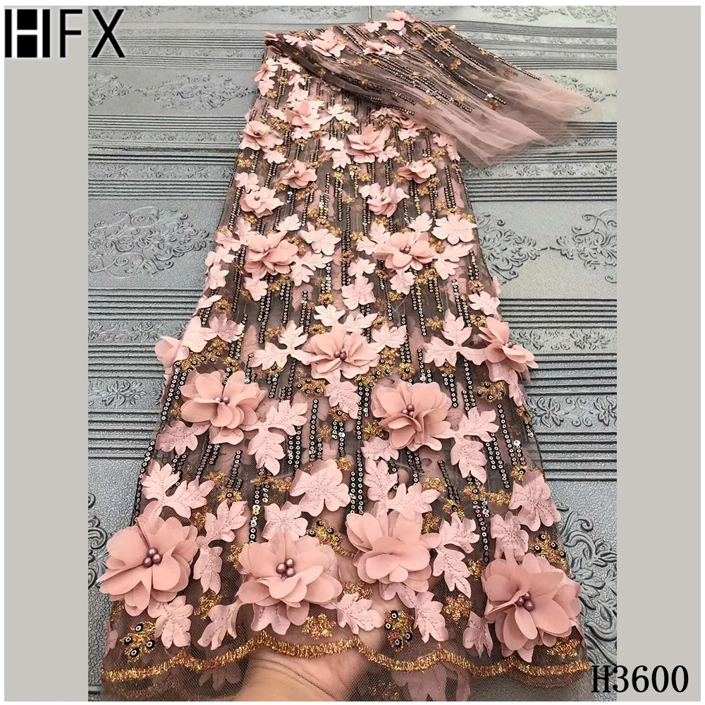 

HFX African 3D flowers Sequins Lace Fabric New Arrival Nigerian Tulle Mesh with beads For Wedding Party Lace Fabrics dress H3600