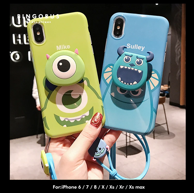 For iphone 11 pro XS max XR X Cute Sullivan Mike Monsters Case Soft matte cover 6 6s 7 8 plus Shell +stander +Strap |