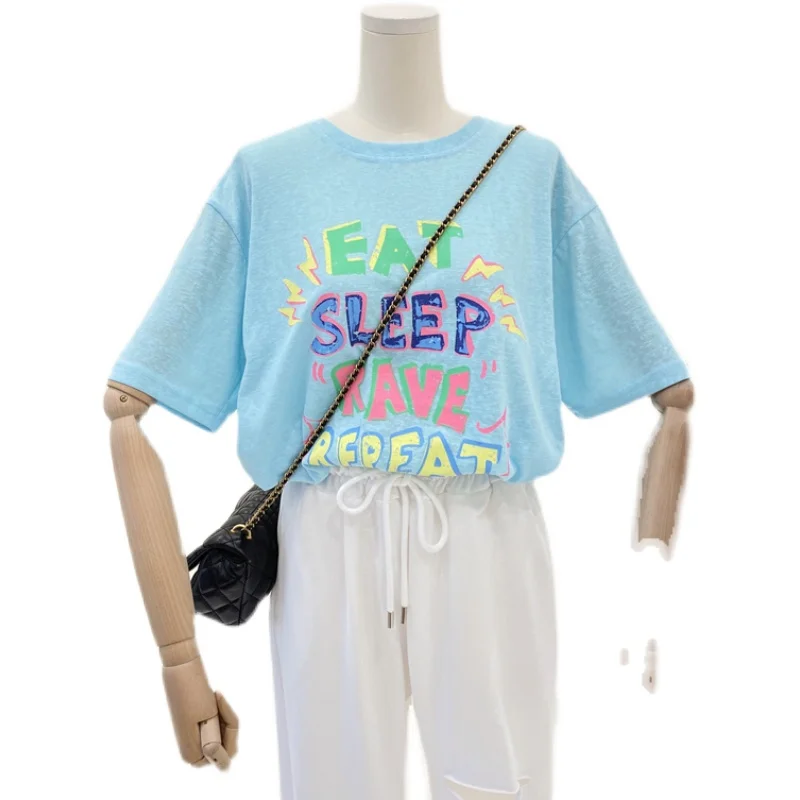 

Casual Contrast Color Letter Printed Comfortable Loose Thin Round Neck Short Sleeve T-shirt Female Student Tops Woman Tshirts